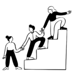 A silhouette of a woman and man climbing stairs