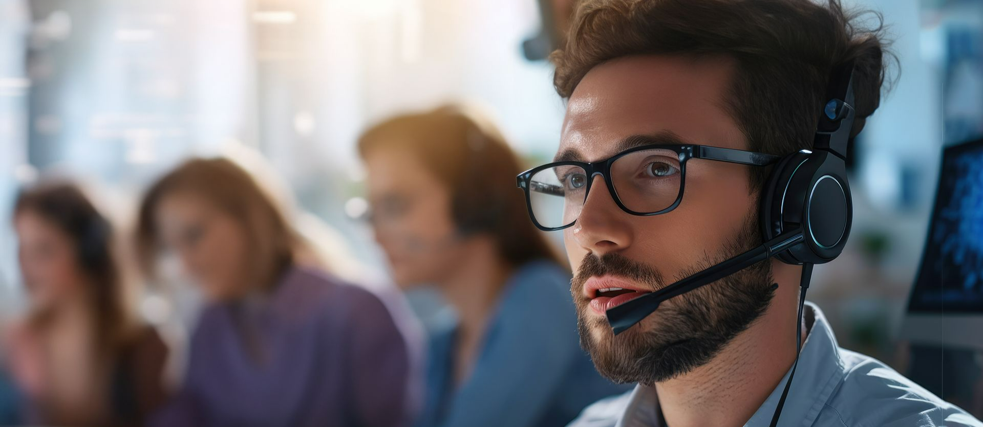 A man wearing a headset in front of a group of people