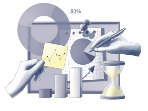 Business analytics illustration with graphs, charts, and an hourglass