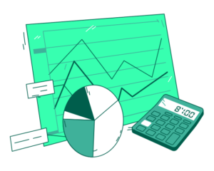 A graph and a calculator with a pie chart