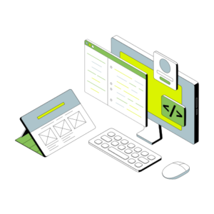 Isometric illustration of a computer screen with a keyboard and mouse