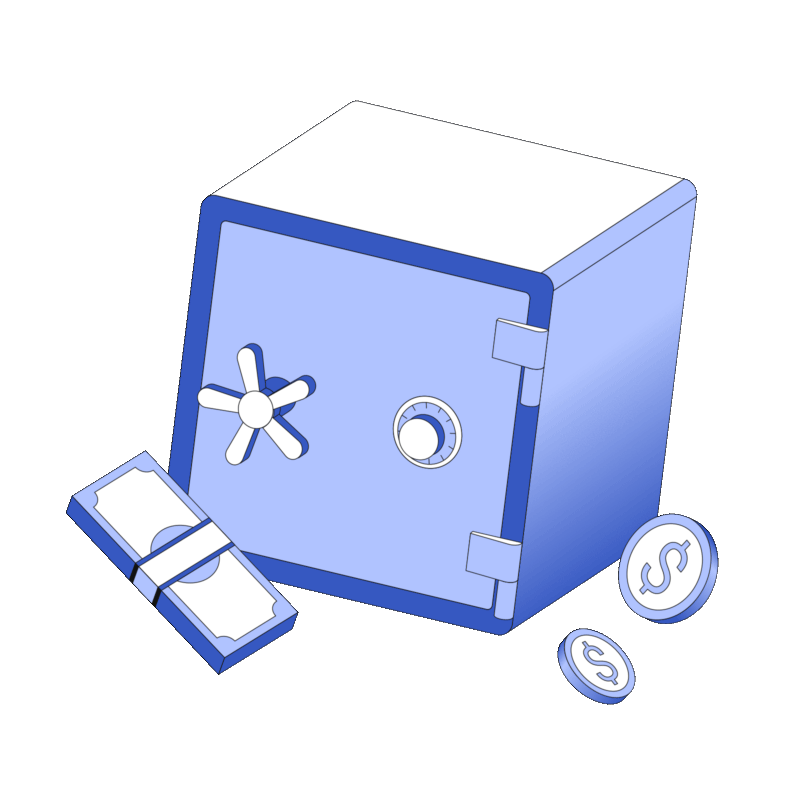 Animation of safe opening and closing with money floating next to it