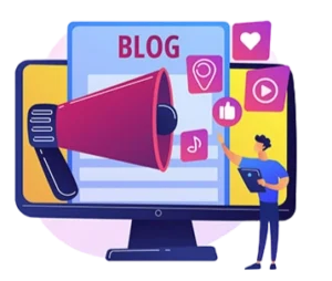 A man with a megaphone and a blog on a computer screen