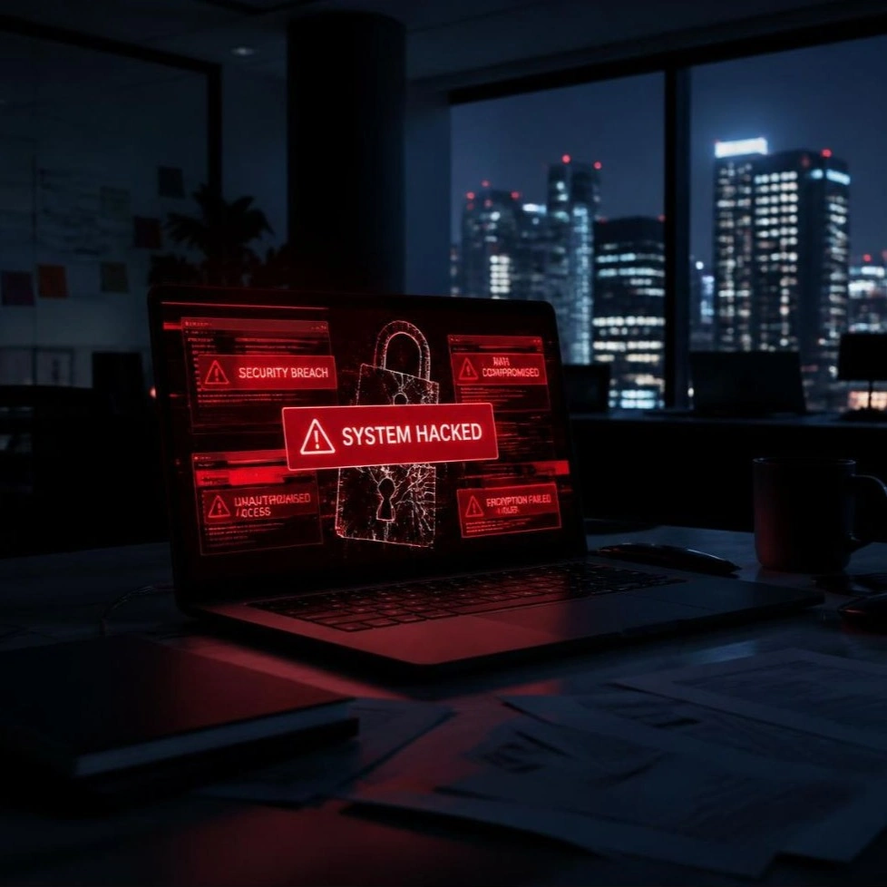 Computer displaying a system breach alert, illustrating the importance of continuous cybersecurity monitoring.