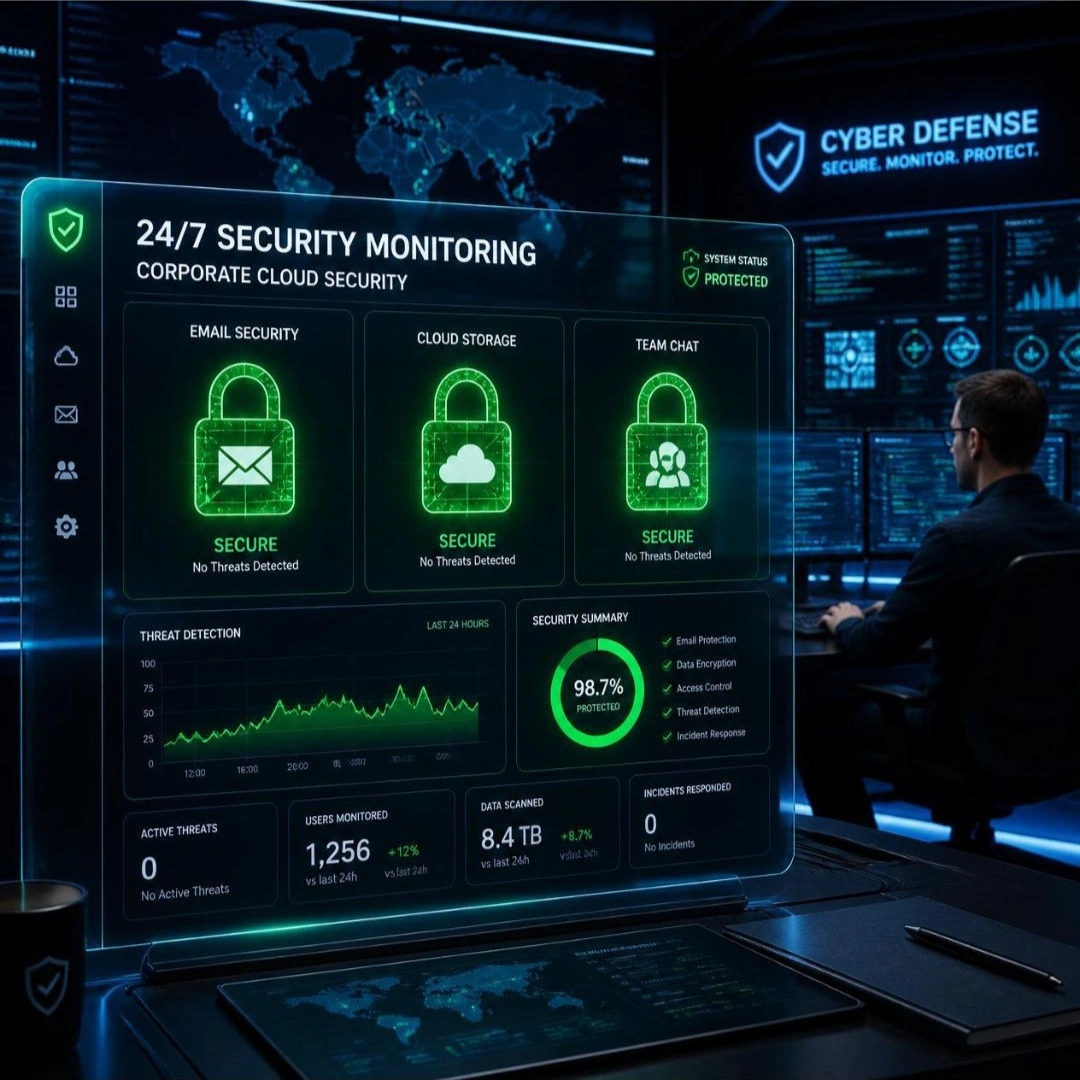 Cybersecurity analyst monitoring Managed Detection and Response alerts across business network systems.