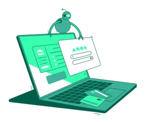 A robot is holding a laptop with a payment card on it