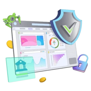A computer screen on a financial page with a shield and other items